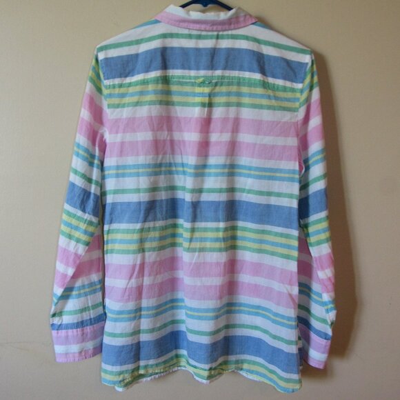 Talbots Popover Shirt sz Large Long Sleeve White Pink Blue Green Stripe Cotton - Picture 2 of 4